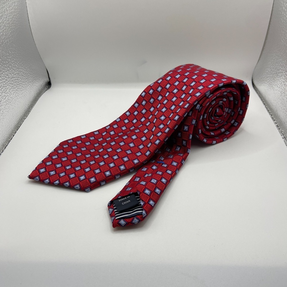 Nautica Mens Red Blue Geometric Square Box Silk Business Formal Pointed Neck Tie